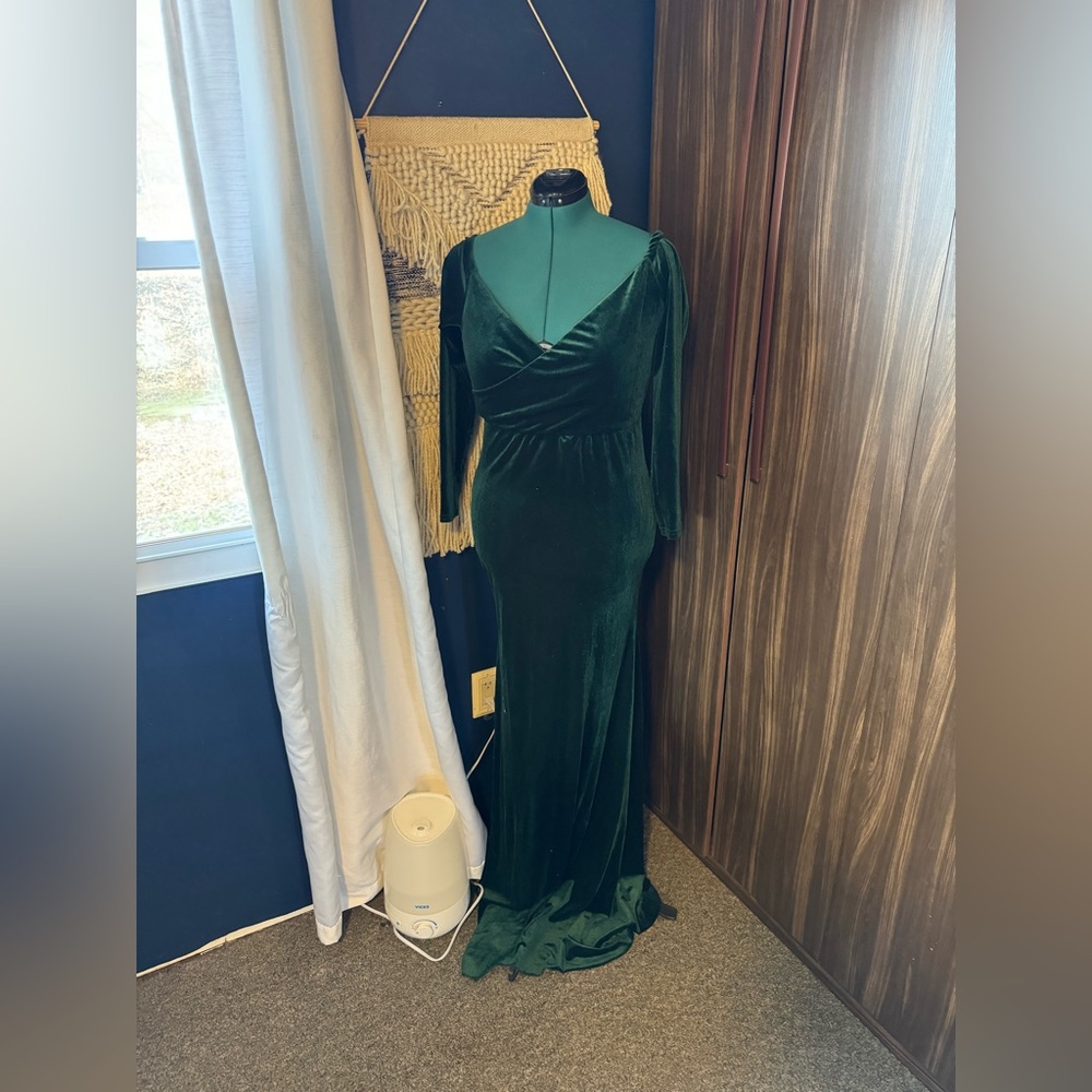Green velvet maternity gown